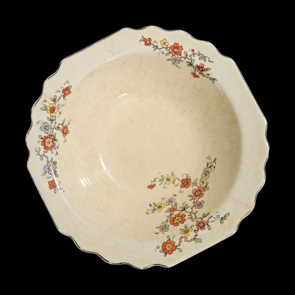 WS George Lido Canarytone Serving Bowl Vintage Floral Scalloped Edge USA